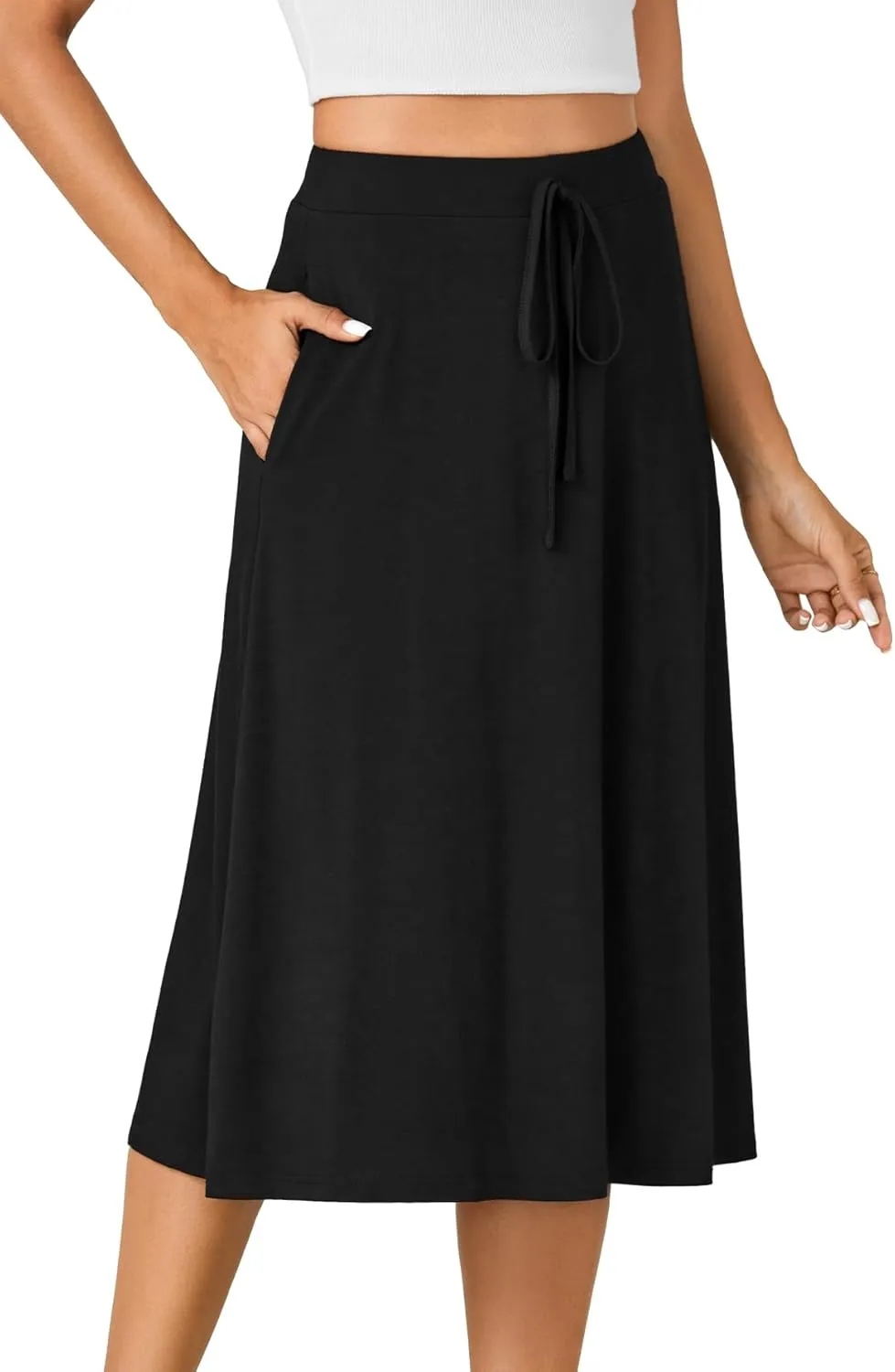 KIFOVEN Womens Casual High Waist A Line Midi Skirt Flared Drawstring Stretchy Skirt