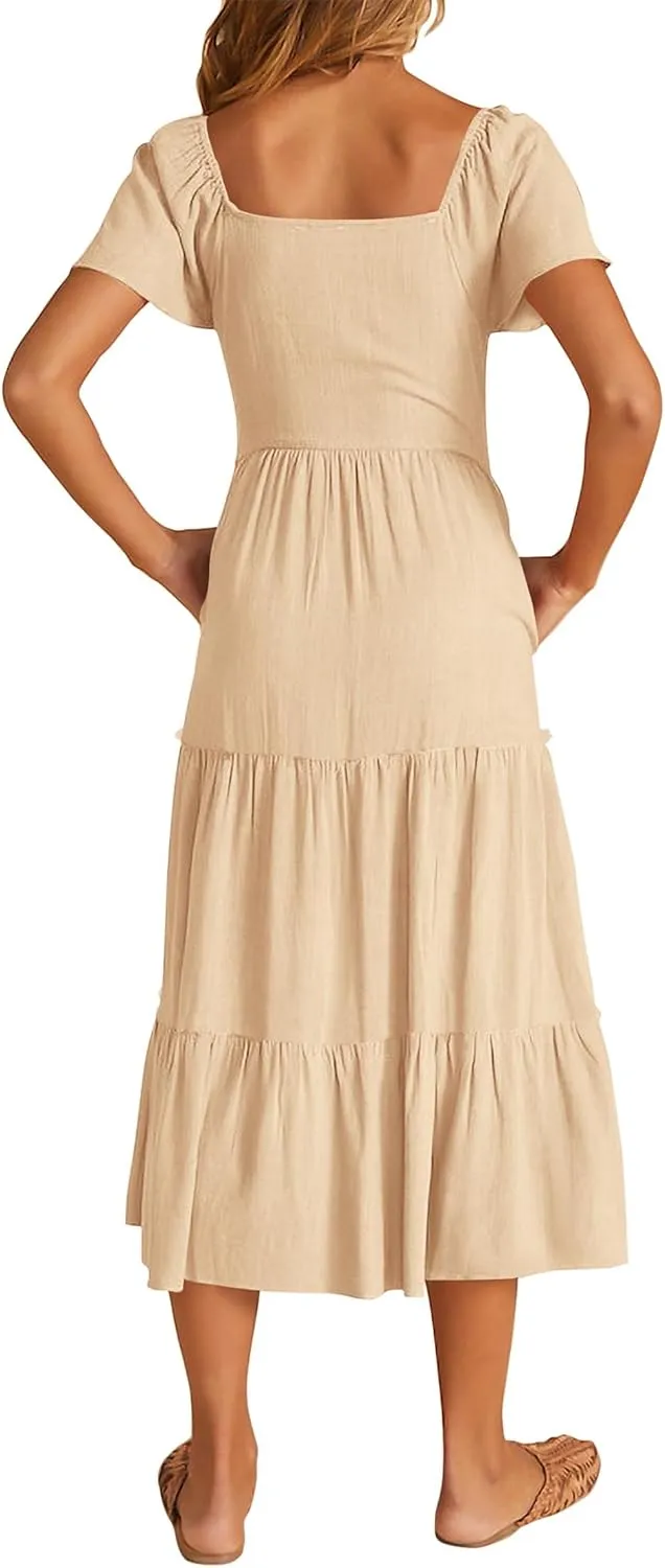 KIRUNDO Women 2025 Spring Summer Casual Linen Short Sleeve Midi Dress Button V Neck Tiered Vacation Sundress with Pockets