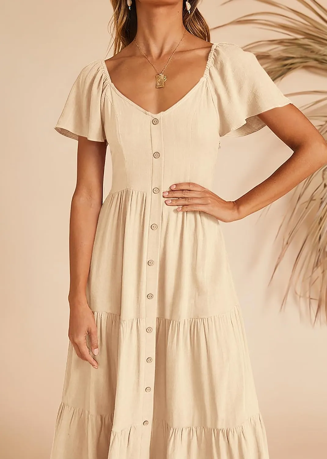 KIRUNDO Women 2025 Spring Summer Casual Linen Short Sleeve Midi Dress Button V Neck Tiered Vacation Sundress with Pockets