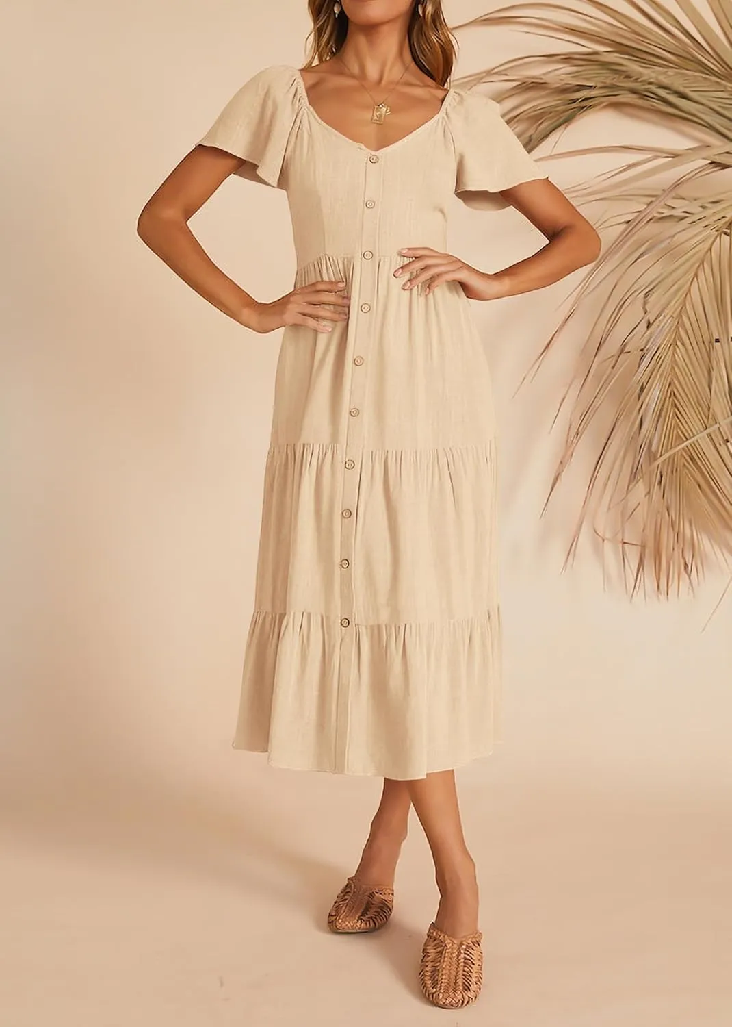 KIRUNDO Women 2025 Spring Summer Casual Linen Short Sleeve Midi Dress Button V Neck Tiered Vacation Sundress with Pockets