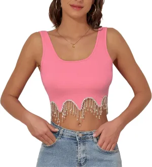 Komorebi Rhinestone Fringe Crop Tank Top - Sparkly Sequin Sleeveless Top