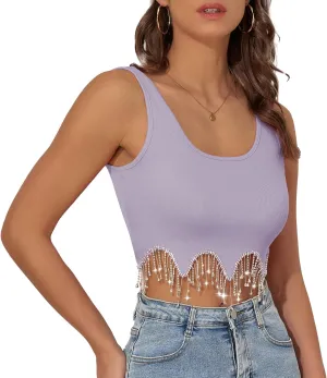 Komorebi Rhinestone Fringe Crop Tank Top - Sparkly Sequin Sleeveless Top