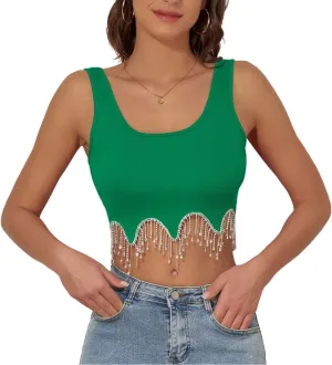 Komorebi Rhinestone Fringe Crop Tank Top - Sparkly Sequin Sleeveless Top