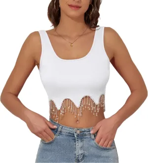 Komorebi Rhinestone Fringe Crop Tank Top - Sparkly Sequin Sleeveless Top