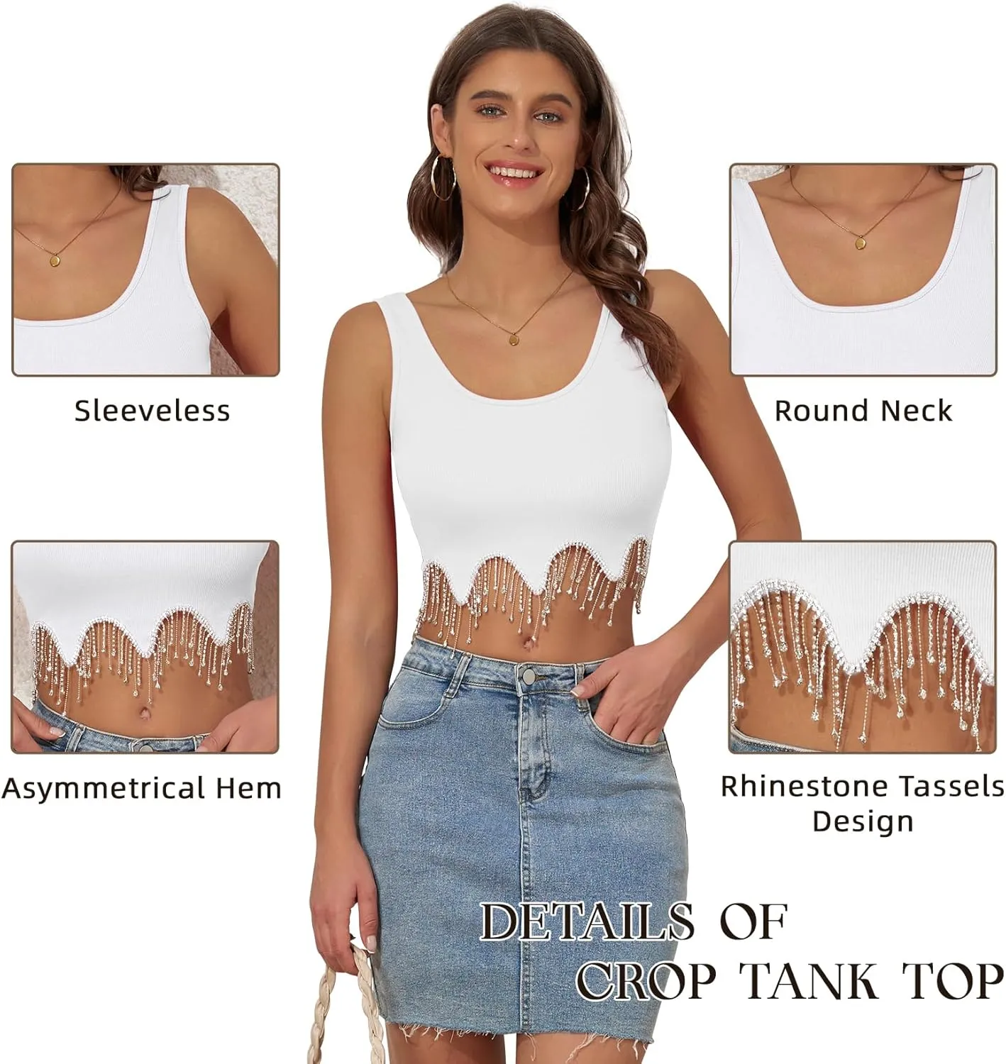 Komorebi Rhinestone Fringe Crop Tank Top - Sparkly Sequin Sleeveless Top