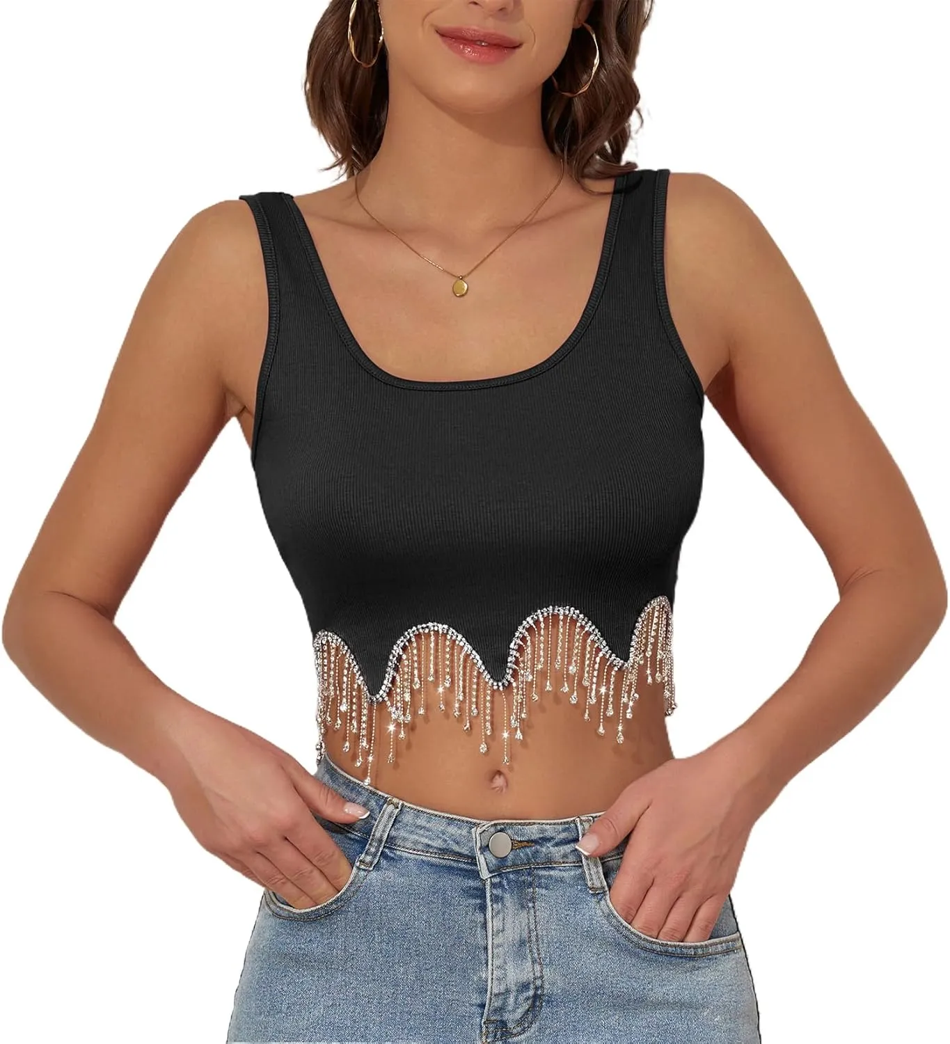 Komorebi Rhinestone Fringe Crop Tank Top - Sparkly Sequin Sleeveless Top