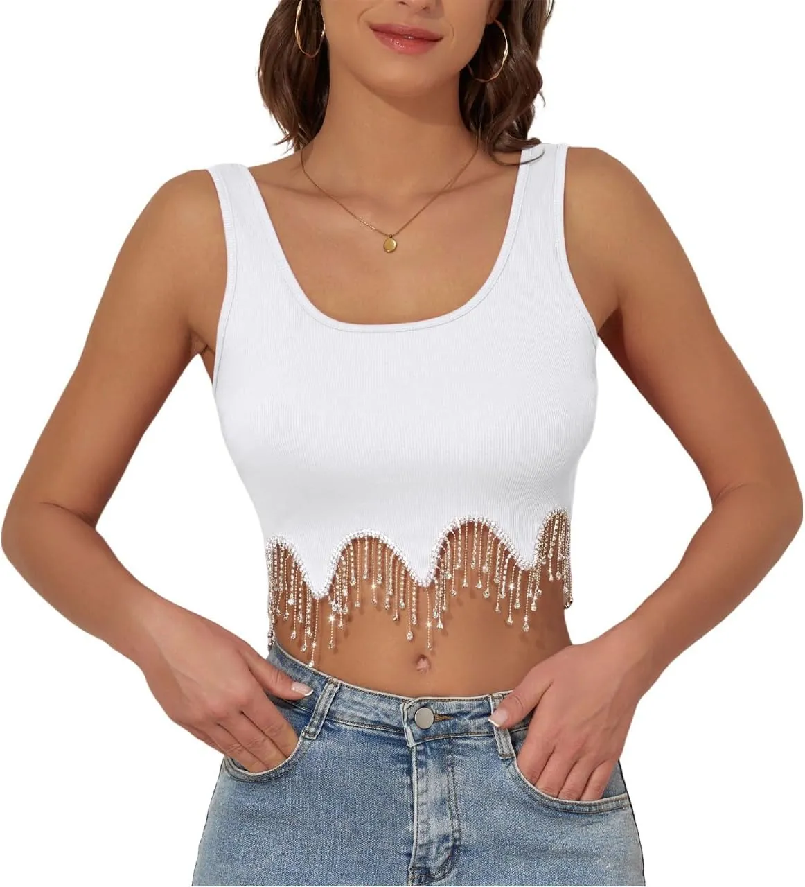 Komorebi Rhinestone Fringe Crop Tank Top - Sparkly Sequin Sleeveless Top