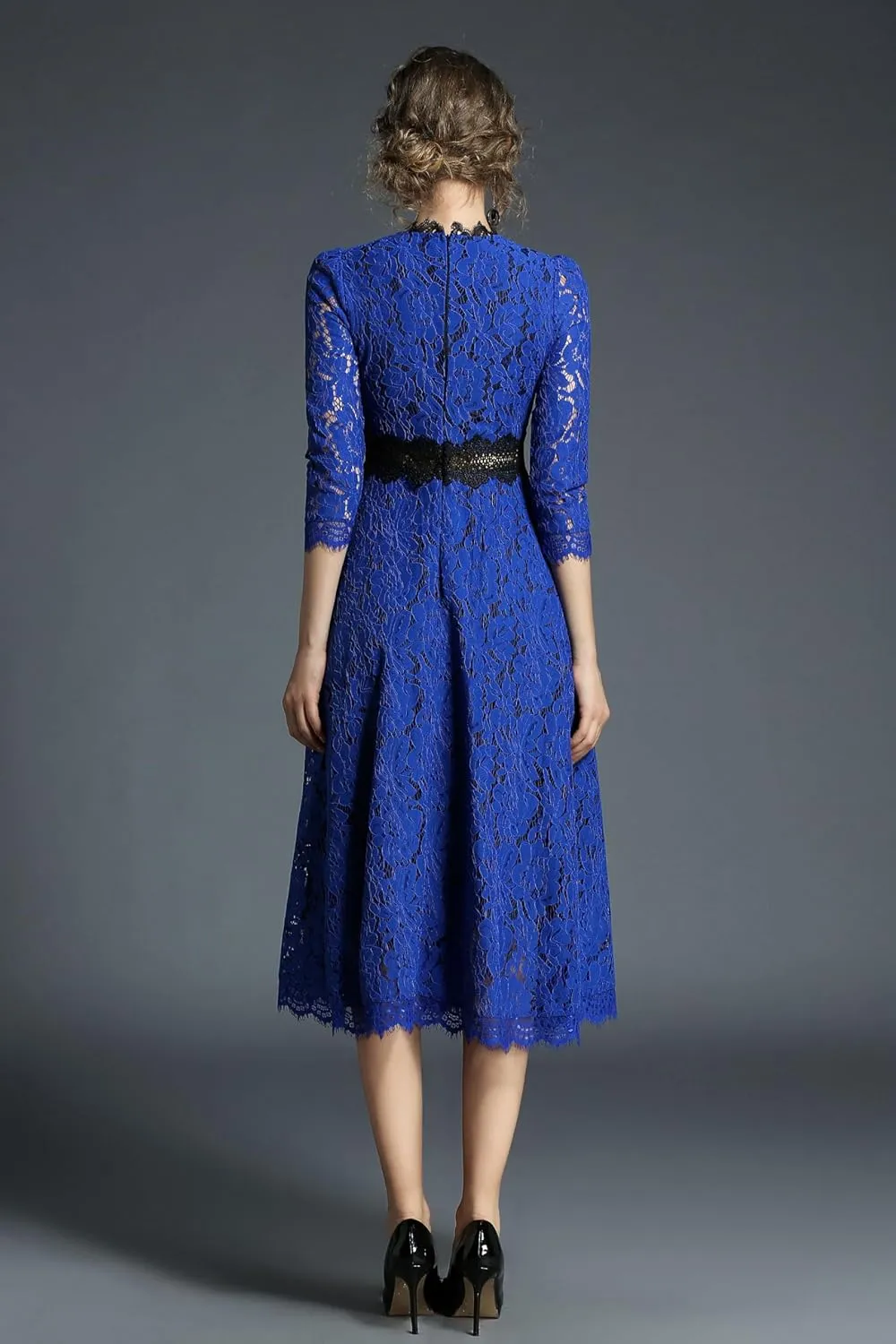 LAI MENG FIVE CATS Women's 3/4 Sleeve Elegant Floral Lace Cocktail Party Swing Midi Dance Dress