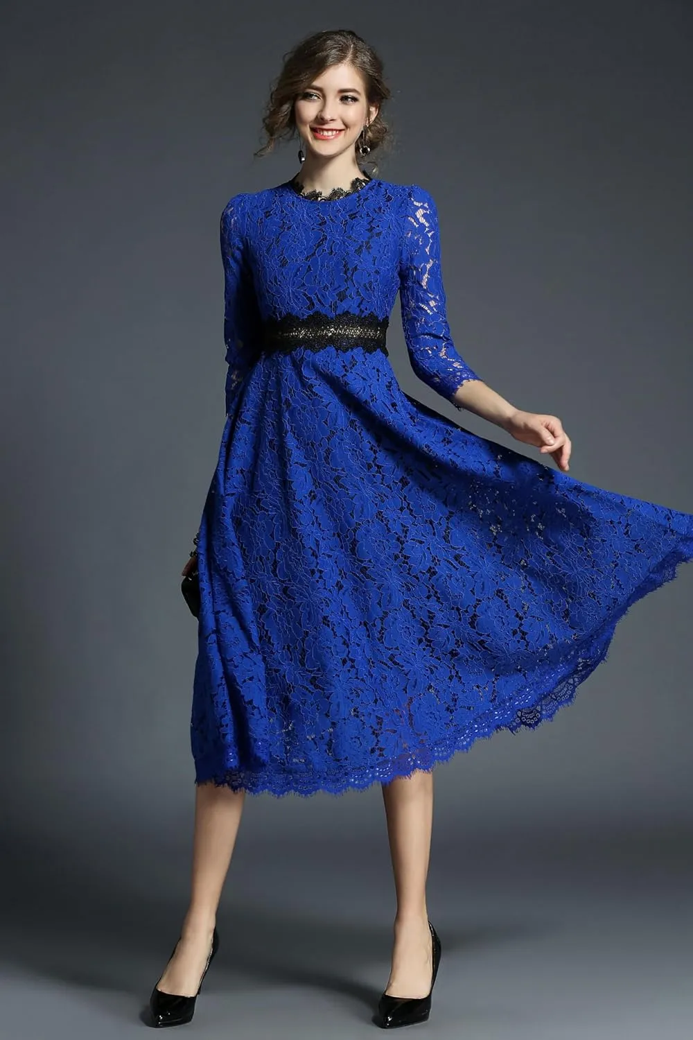 LAI MENG FIVE CATS Women's 3/4 Sleeve Elegant Floral Lace Cocktail Party Swing Midi Dance Dress