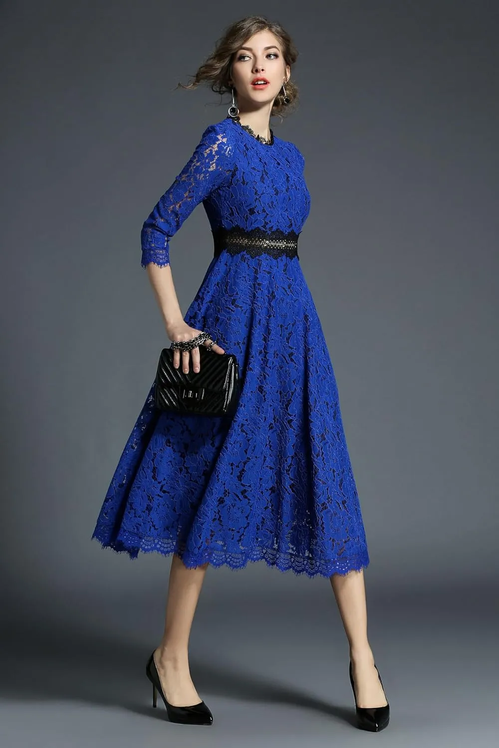 LAI MENG FIVE CATS Women's 3/4 Sleeve Elegant Floral Lace Cocktail Party Swing Midi Dance Dress