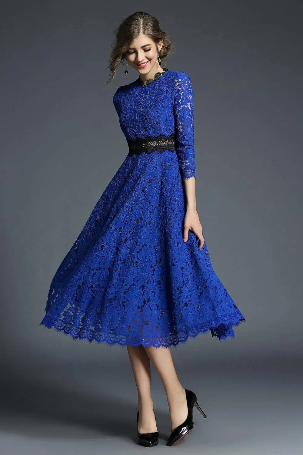 LAI MENG FIVE CATS Women's 3/4 Sleeve Elegant Floral Lace Cocktail Party Swing Midi Dance Dress