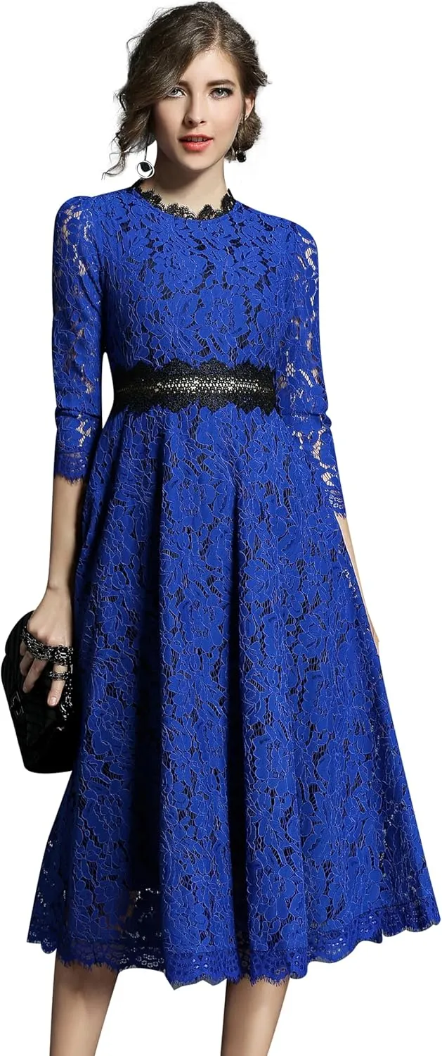 LAI MENG FIVE CATS Women's 3/4 Sleeve Elegant Floral Lace Cocktail Party Swing Midi Dance Dress