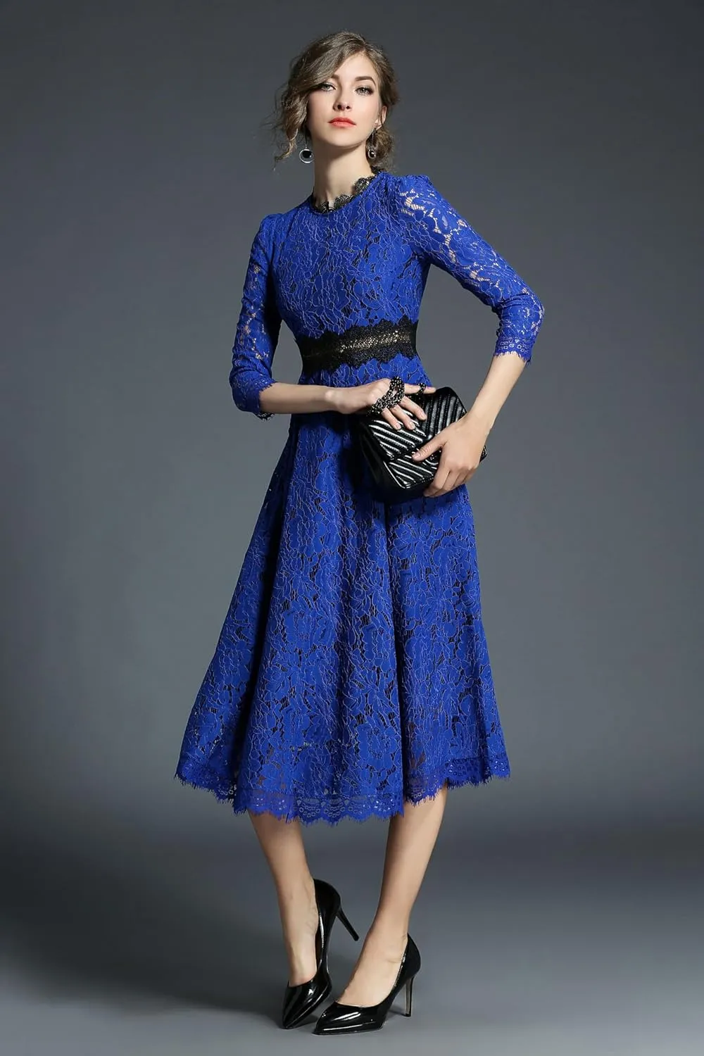 LAI MENG FIVE CATS Women's 3/4 Sleeve Elegant Floral Lace Cocktail Party Swing Midi Dance Dress