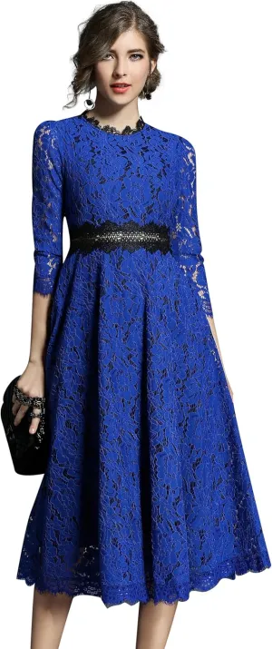 LAI MENG FIVE CATS Women's 3/4 Sleeve Elegant Floral Lace Cocktail Party Swing Midi Dance Dress