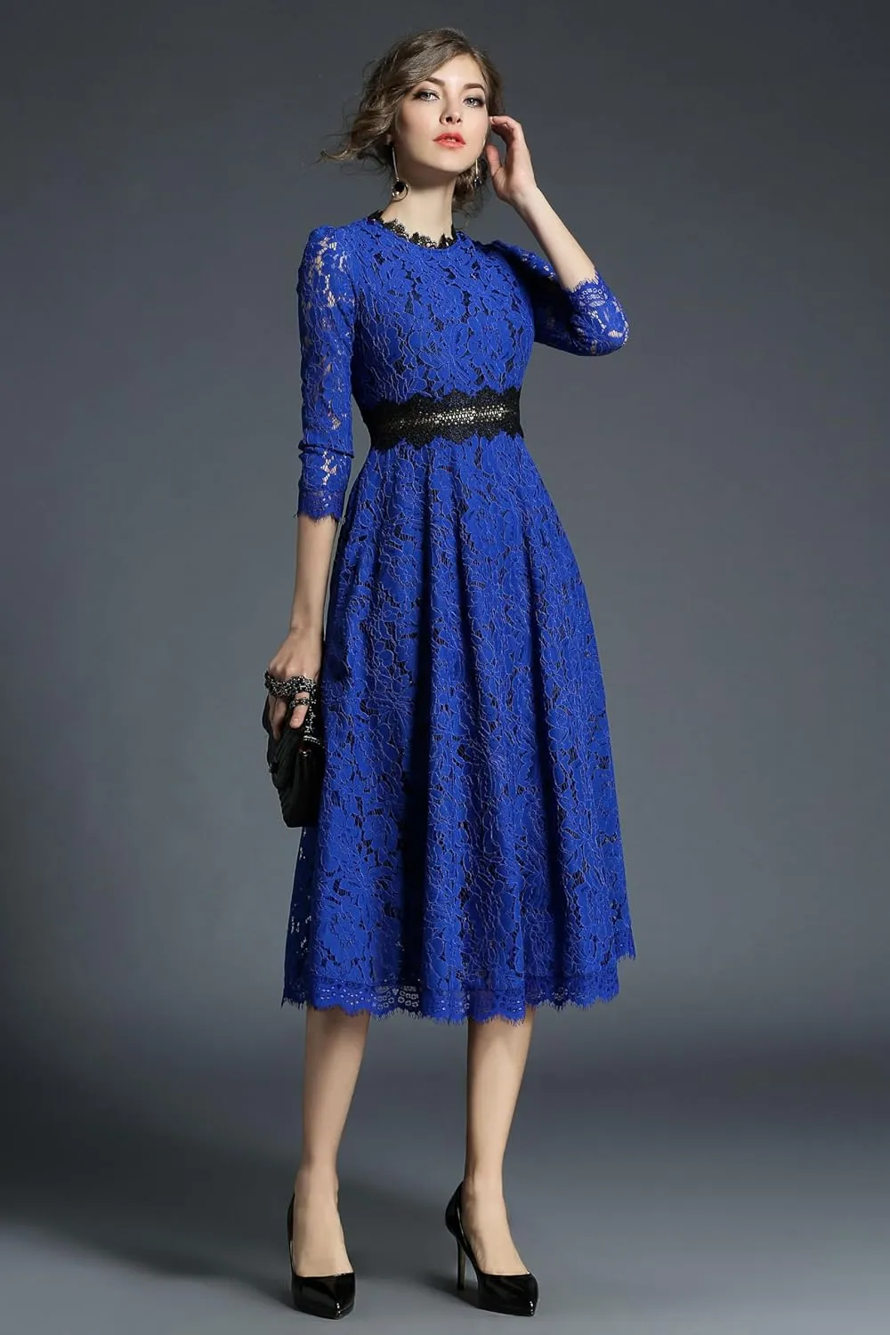 LAI MENG FIVE CATS Women's 3/4 Sleeve Elegant Floral Lace Cocktail Party Swing Midi Dance Dress