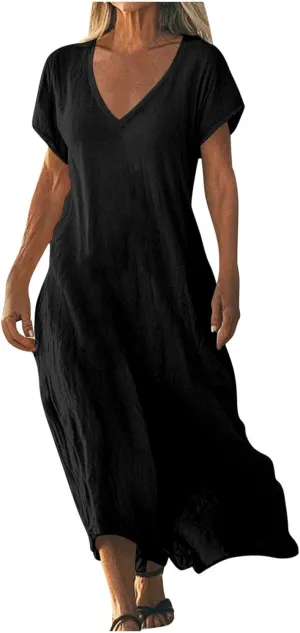 Linen Dresses for Women 2025 Trendy Flowy Sundresses Loose Fit Cotton Maxi Dress Summer Beach Vacation Casual Dress