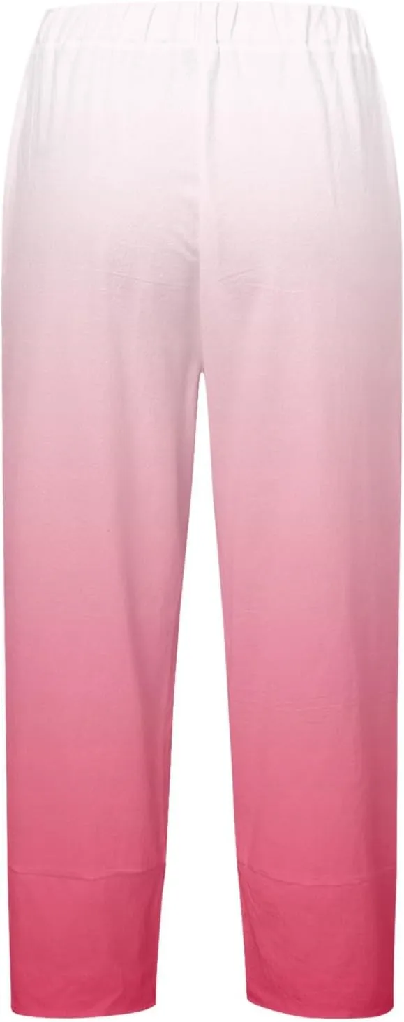 Linen Pants for Women Printed Wide Leg Loose Fit Casual Summer Vacation Flowy Palazzo Pants Cropped Beach Trousers