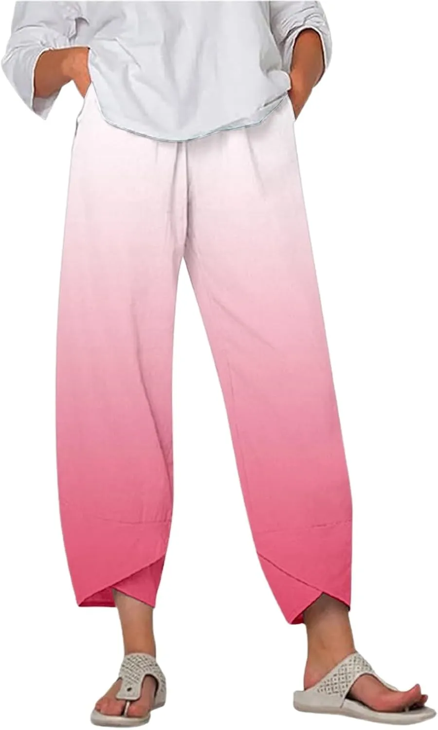 Linen Pants for Women Printed Wide Leg Loose Fit Casual Summer Vacation Flowy Palazzo Pants Cropped Beach Trousers