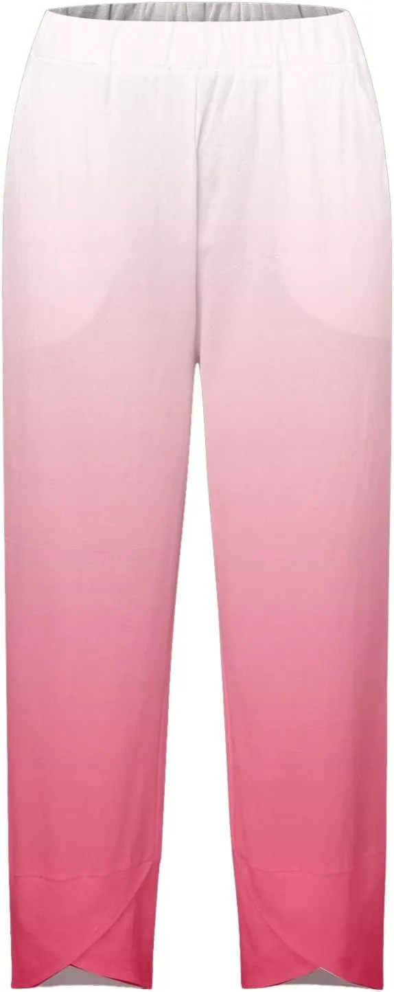 Linen Pants for Women Printed Wide Leg Loose Fit Casual Summer Vacation Flowy Palazzo Pants Cropped Beach Trousers