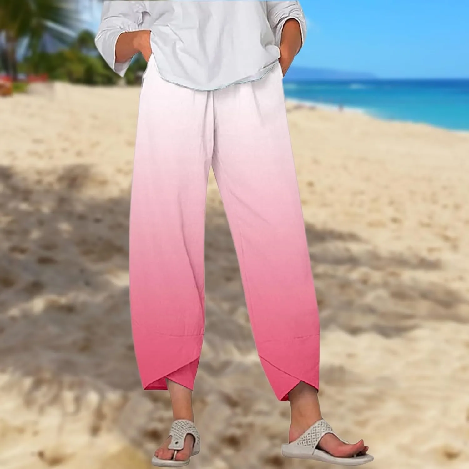 Linen Pants for Women Printed Wide Leg Loose Fit Casual Summer Vacation Flowy Palazzo Pants Cropped Beach Trousers