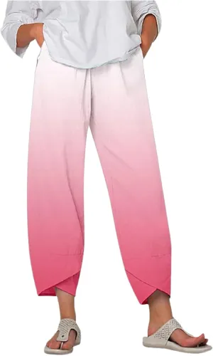 Linen Pants for Women Printed Wide Leg Loose Fit Casual Summer Vacation Flowy Palazzo Pants Cropped Beach Trousers