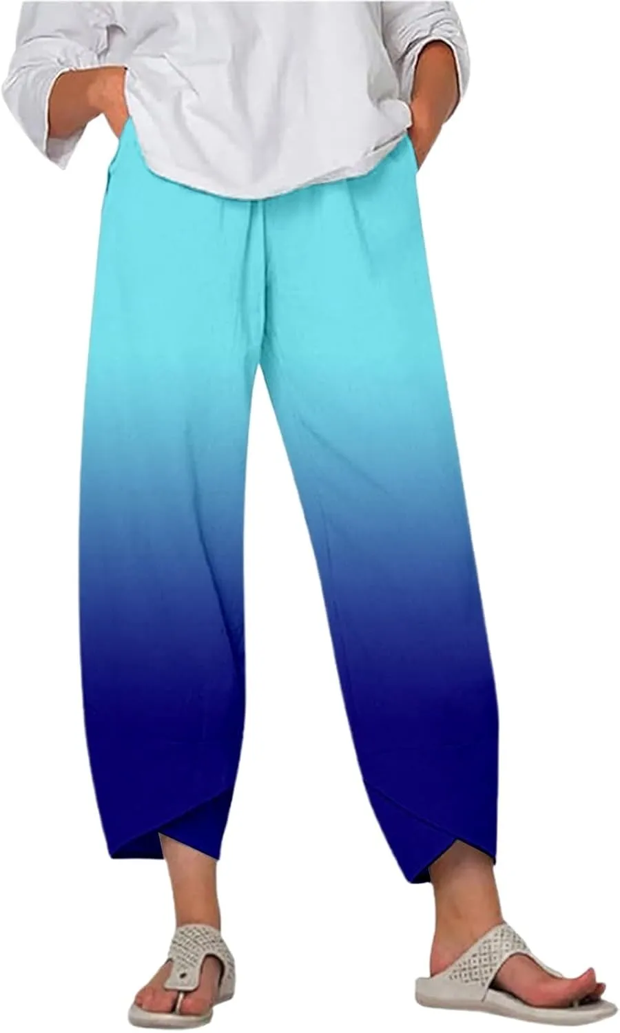 Linen Pants for Women Printed Wide Leg Loose Fit Casual Summer Vacation Flowy Palazzo Pants Cropped Beach Trousers