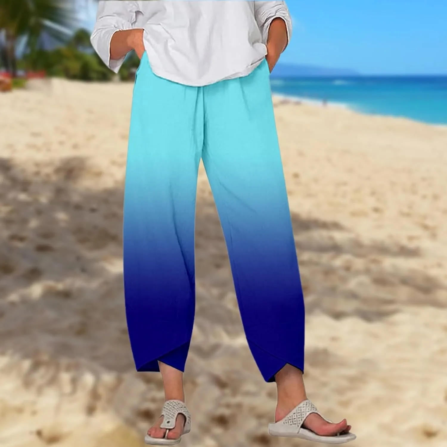 Linen Pants for Women Printed Wide Leg Loose Fit Casual Summer Vacation Flowy Palazzo Pants Cropped Beach Trousers