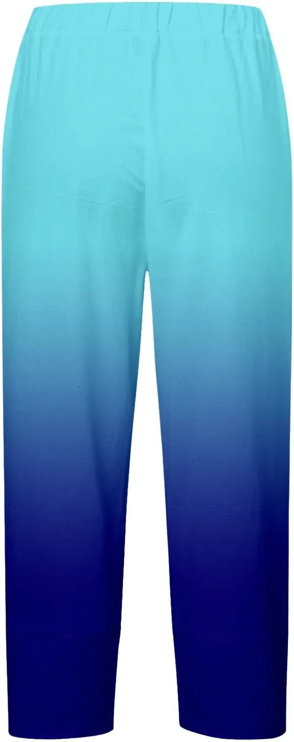 Linen Pants for Women Printed Wide Leg Loose Fit Casual Summer Vacation Flowy Palazzo Pants Cropped Beach Trousers