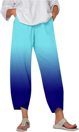 Linen Pants for Women Printed Wide Leg Loose Fit Casual Summer Vacation Flowy Palazzo Pants Cropped Beach Trousers