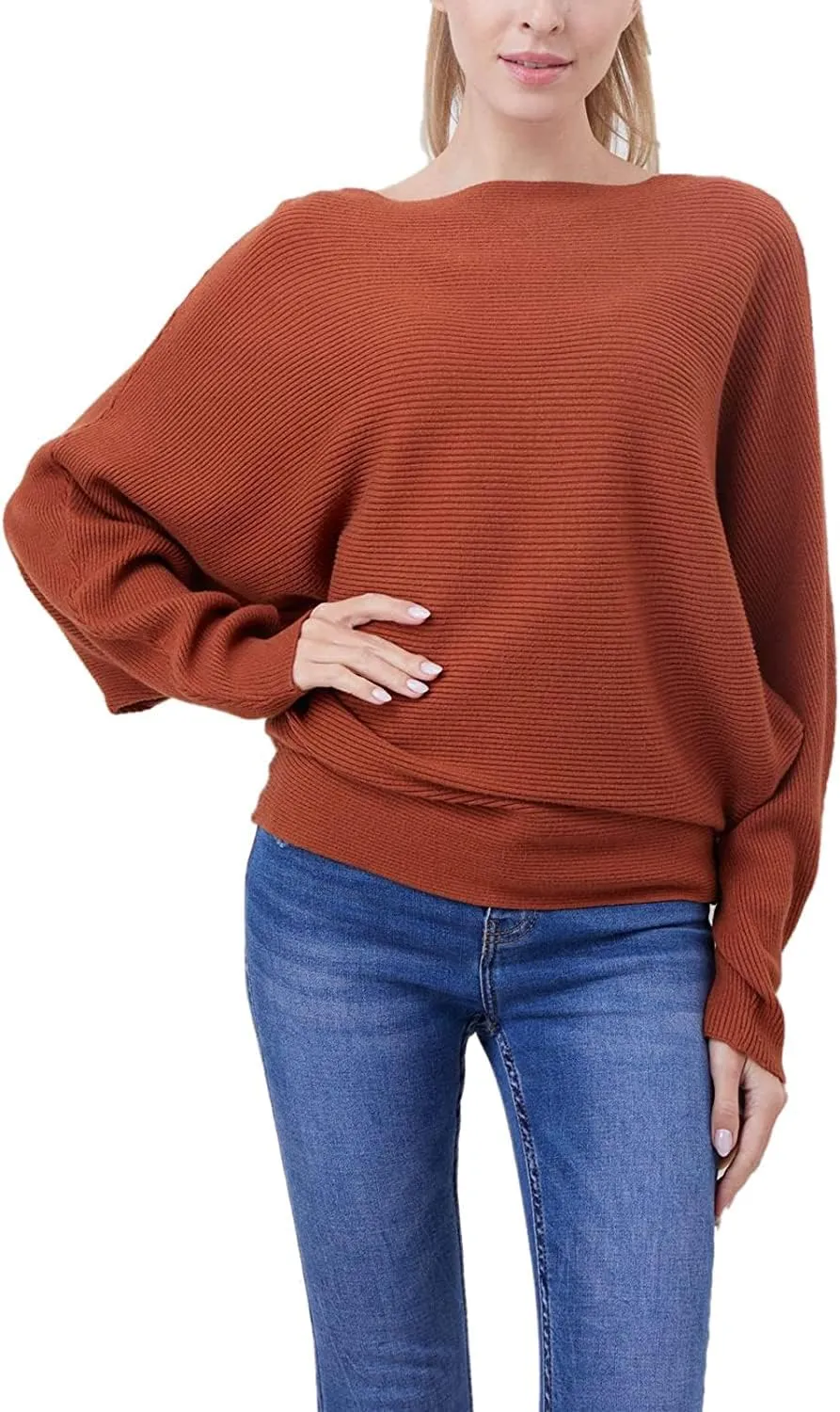 MAKARTHY Womens Striped Sweaters Batwing Sleeves Knitted Dolman Pullovers Tops Sweatershirts