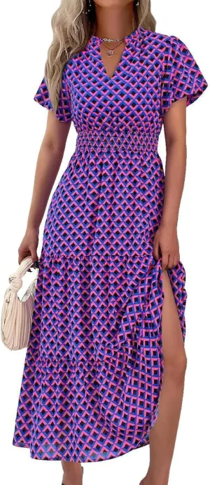 MASCOMODA Summer Maxi Dresses for Women 2025 Casual V Neck Puff Short Sleeve Smocked Flowy Beach Boho Long Floral Dress