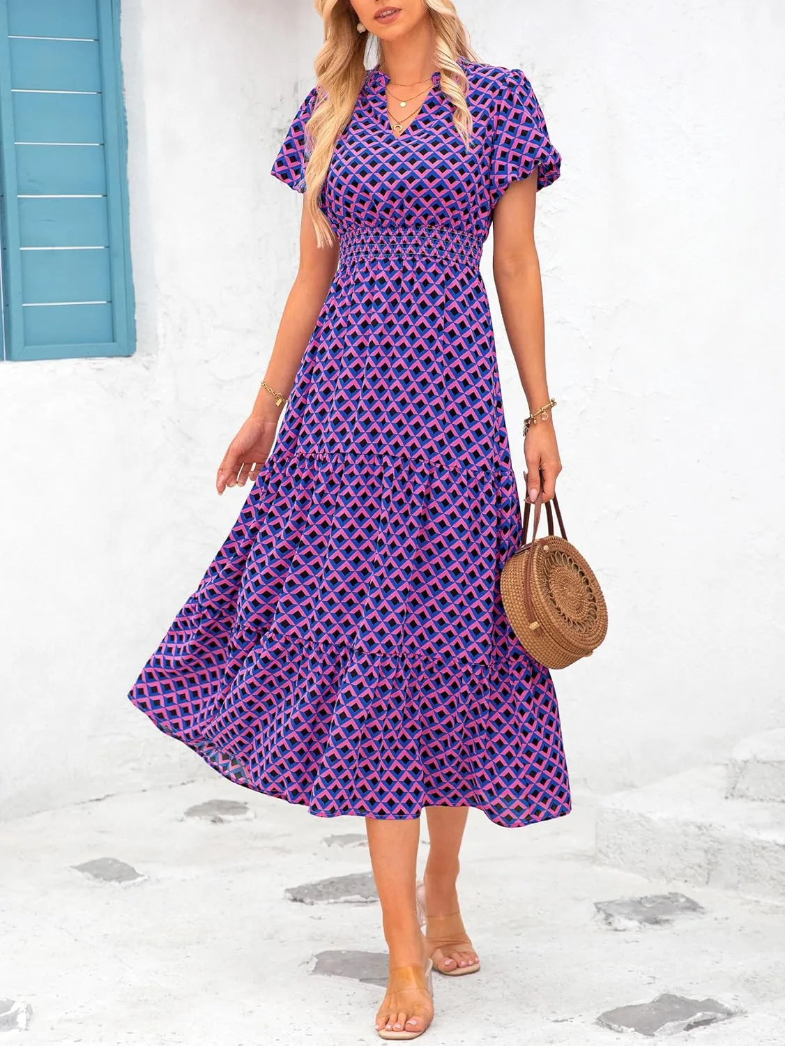 MASCOMODA Summer Maxi Dresses for Women 2025 Casual V Neck Puff Short Sleeve Smocked Flowy Beach Boho Long Floral Dress