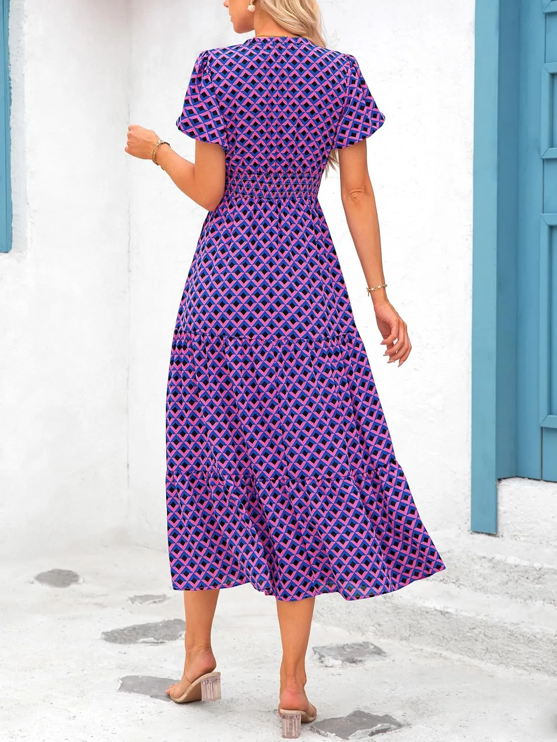 MASCOMODA Summer Maxi Dresses for Women 2025 Casual V Neck Puff Short Sleeve Smocked Flowy Beach Boho Long Floral Dress
