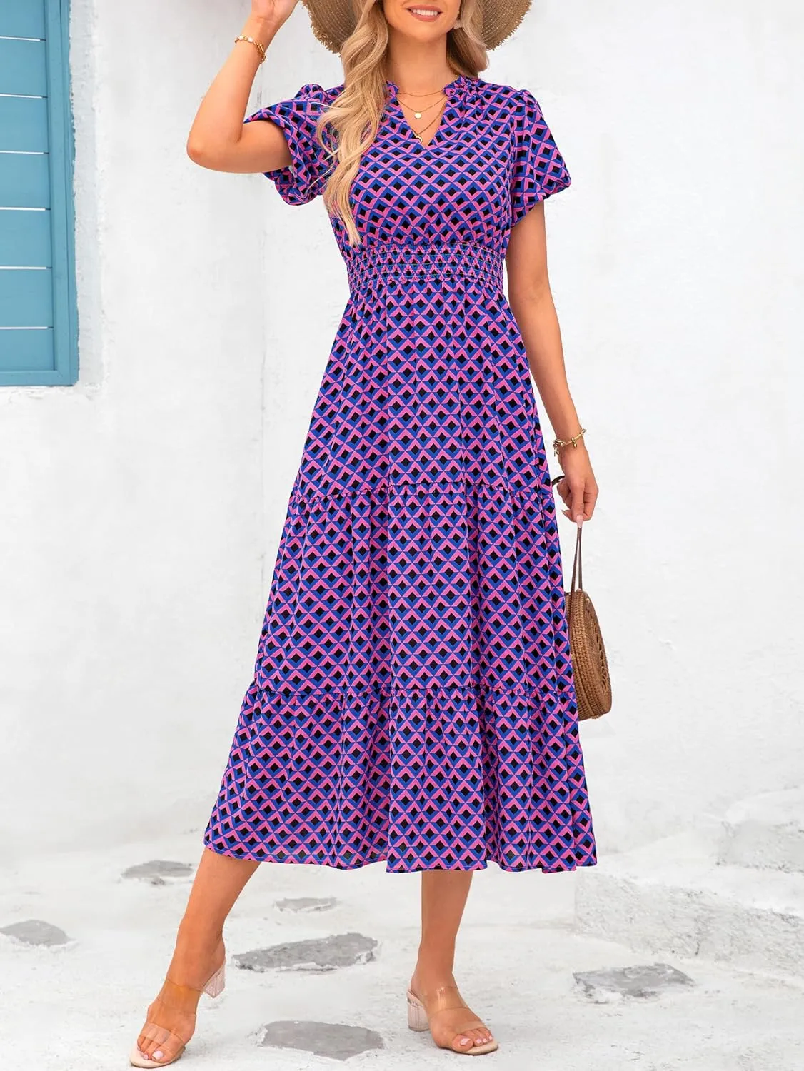 MASCOMODA Summer Maxi Dresses for Women 2025 Casual V Neck Puff Short Sleeve Smocked Flowy Beach Boho Long Floral Dress