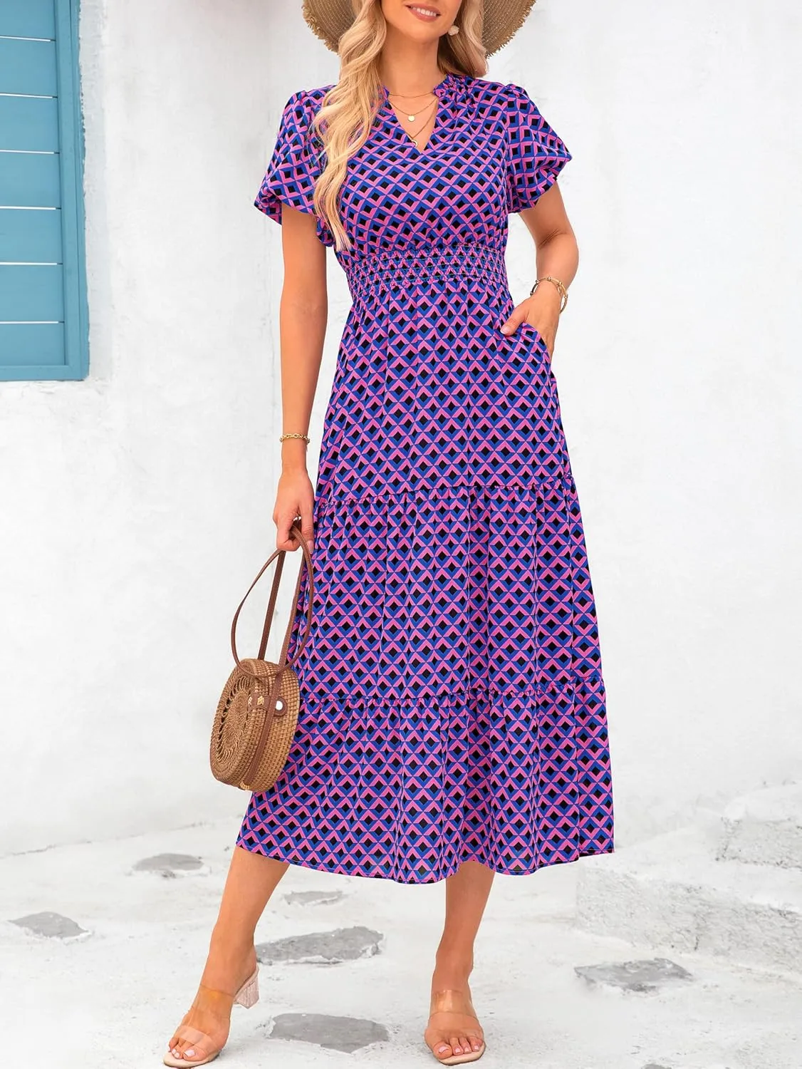 MASCOMODA Summer Maxi Dresses for Women 2025 Casual V Neck Puff Short Sleeve Smocked Flowy Beach Boho Long Floral Dress