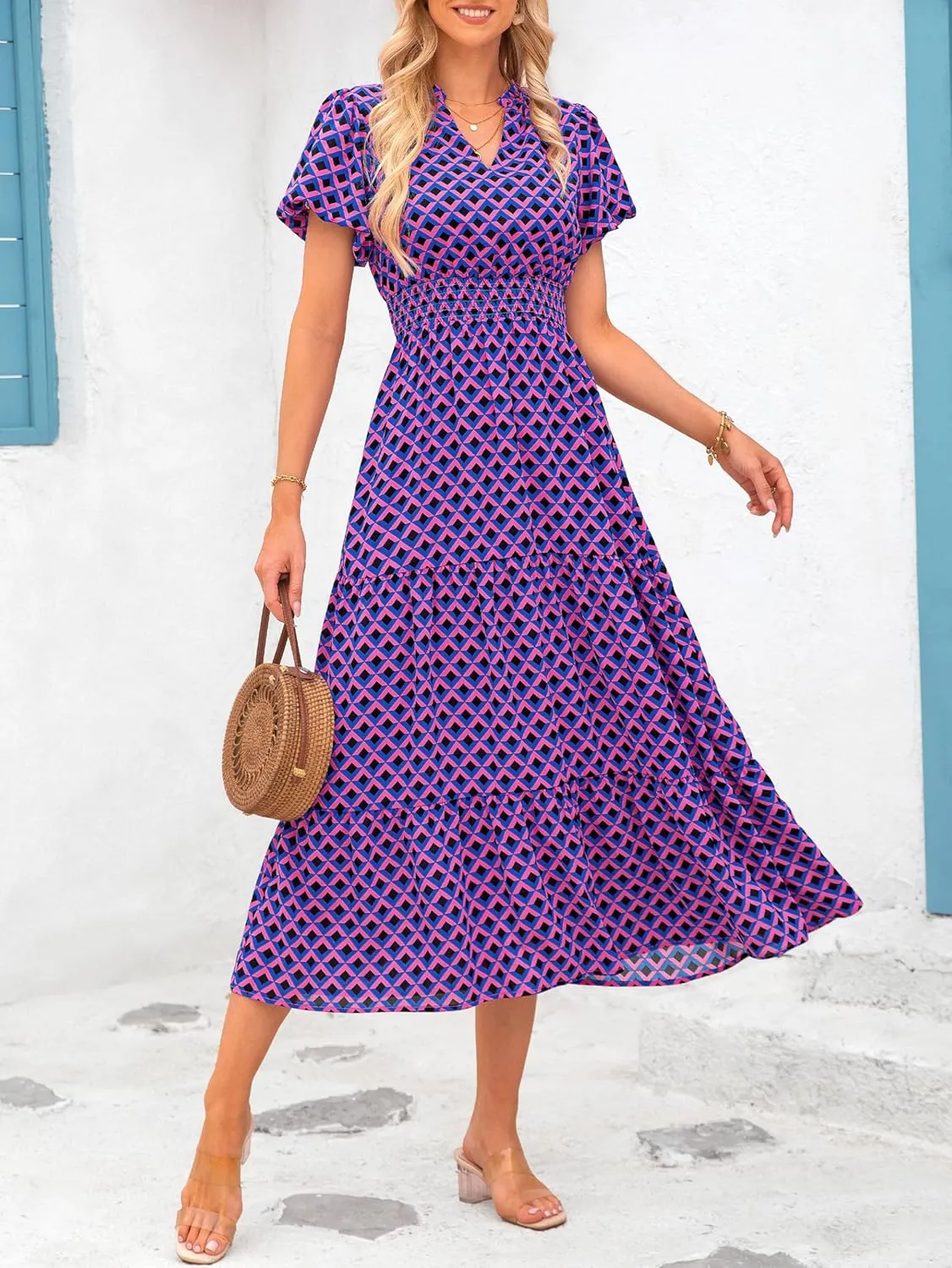 MASCOMODA Summer Maxi Dresses for Women 2025 Casual V Neck Puff Short Sleeve Smocked Flowy Beach Boho Long Floral Dress