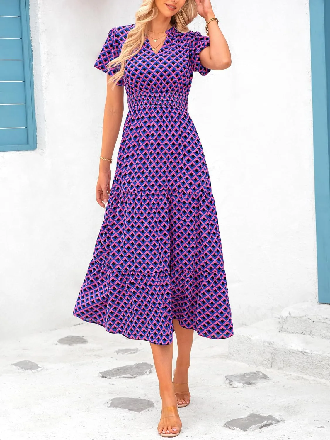 MASCOMODA Summer Maxi Dresses for Women 2025 Casual V Neck Puff Short Sleeve Smocked Flowy Beach Boho Long Floral Dress