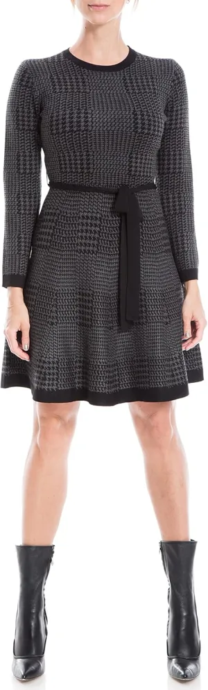 Max Studio Women's Knit Jacquard A-line Bodycon Swing Style Sweater Dress with Belt