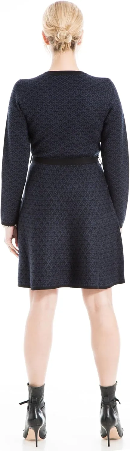 Max Studio Women's Knit Jacquard A-line Bodycon Swing Style Sweater Dress with Belt