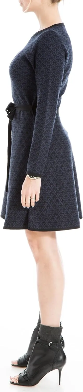 Max Studio Women's Knit Jacquard A-line Bodycon Swing Style Sweater Dress with Belt