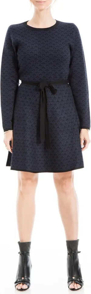 Max Studio Women's Knit Jacquard A-line Bodycon Swing Style Sweater Dress with Belt