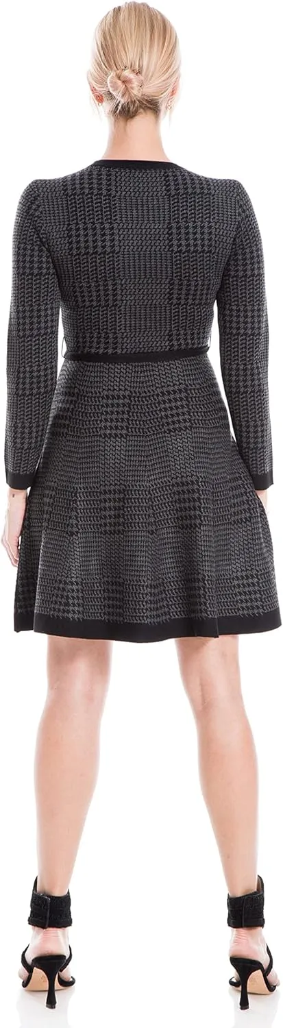 Max Studio Women's Knit Jacquard A-line Bodycon Swing Style Sweater Dress with Belt
