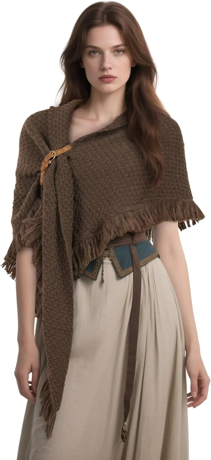 MCJC Knit Poncho Wrap Shawl with Fringe Tassel Trim, Medieval Renaissance Style Cape