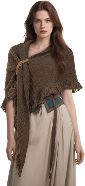 MCJC Knit Poncho Wrap Shawl with Fringe Tassel Trim, Medieval Renaissance Style Cape