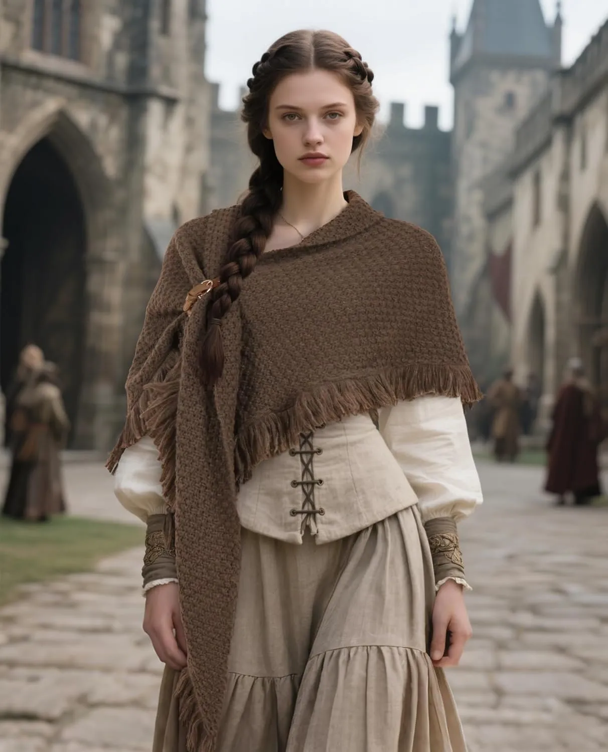 MCJC Knit Poncho Wrap Shawl with Fringe Tassel Trim, Medieval Renaissance Style Cape