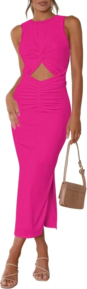 Meenew Women's Sleeveless Summer Long Bodycon Dress Twist Cutout Midi Sheath Dress Ruched Tie Back Tank Dress with Slit