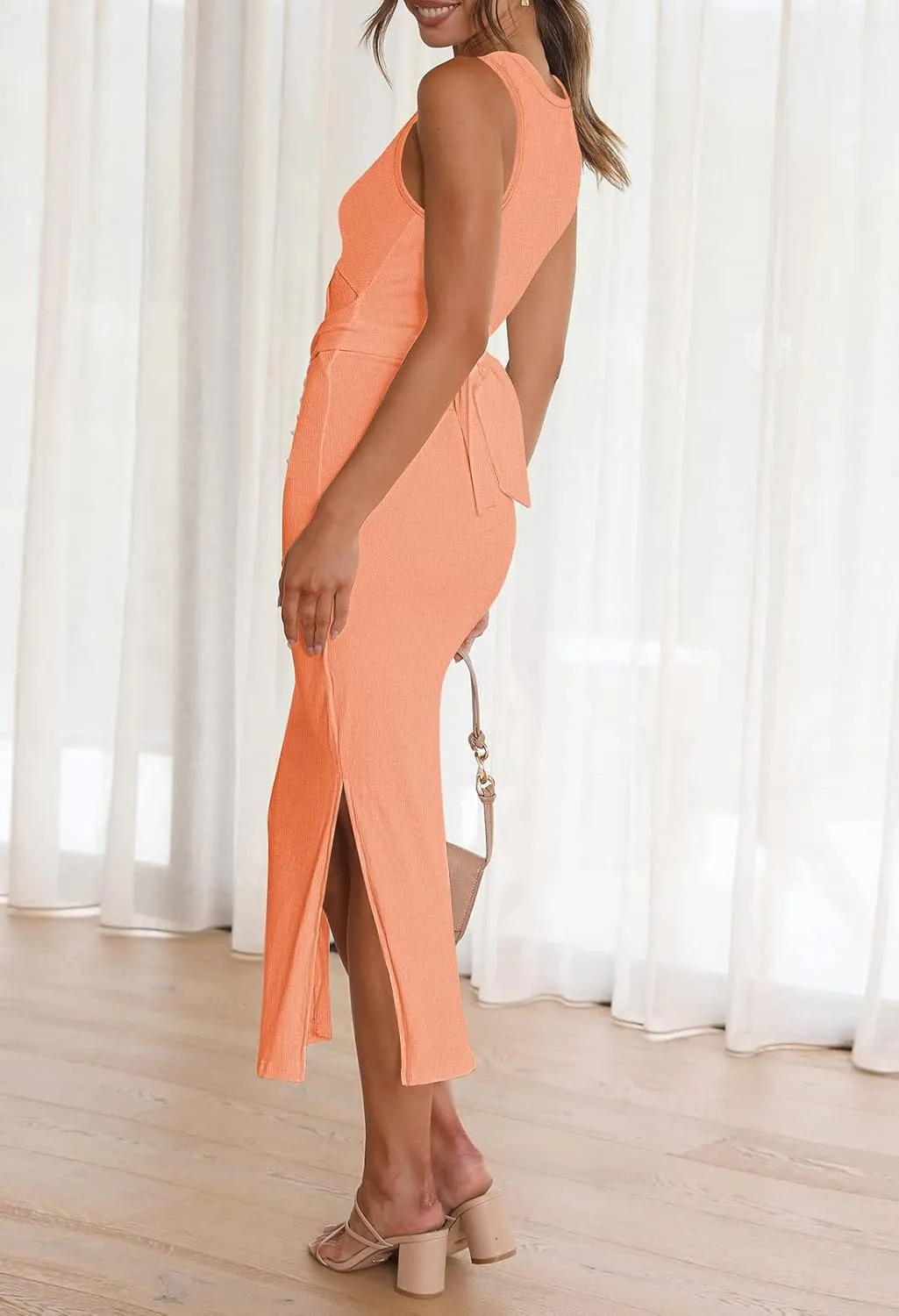 Meenew Women's Sleeveless Summer Long Bodycon Dress Twist Cutout Midi Sheath Dress Ruched Tie Back Tank Dress with Slit