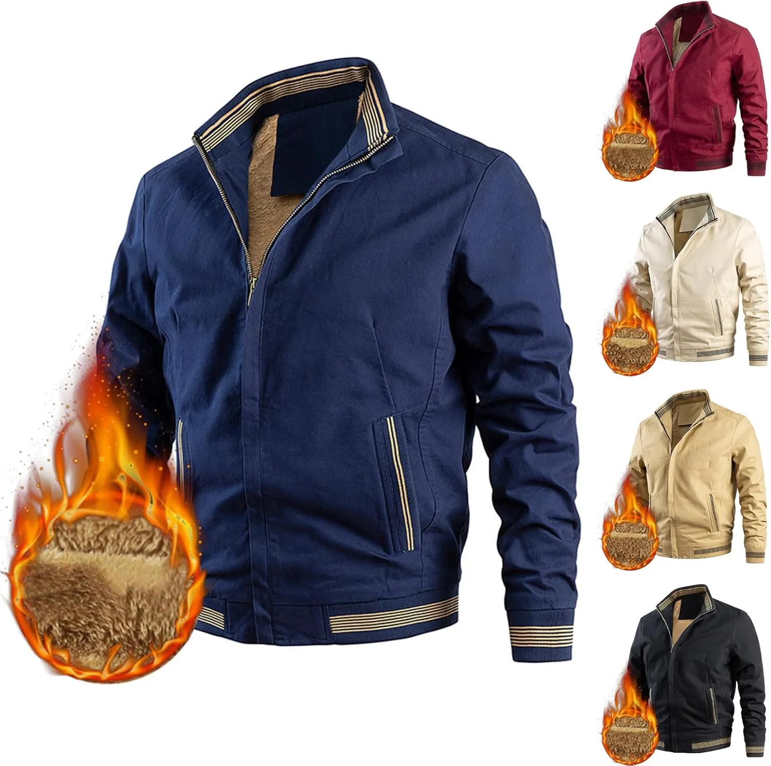 Men Bomber Jacket,Casual Fleece Lined Jacket Men Fall Winter Warm Full Zip Lightweight Jacket Outwear with Pockets
