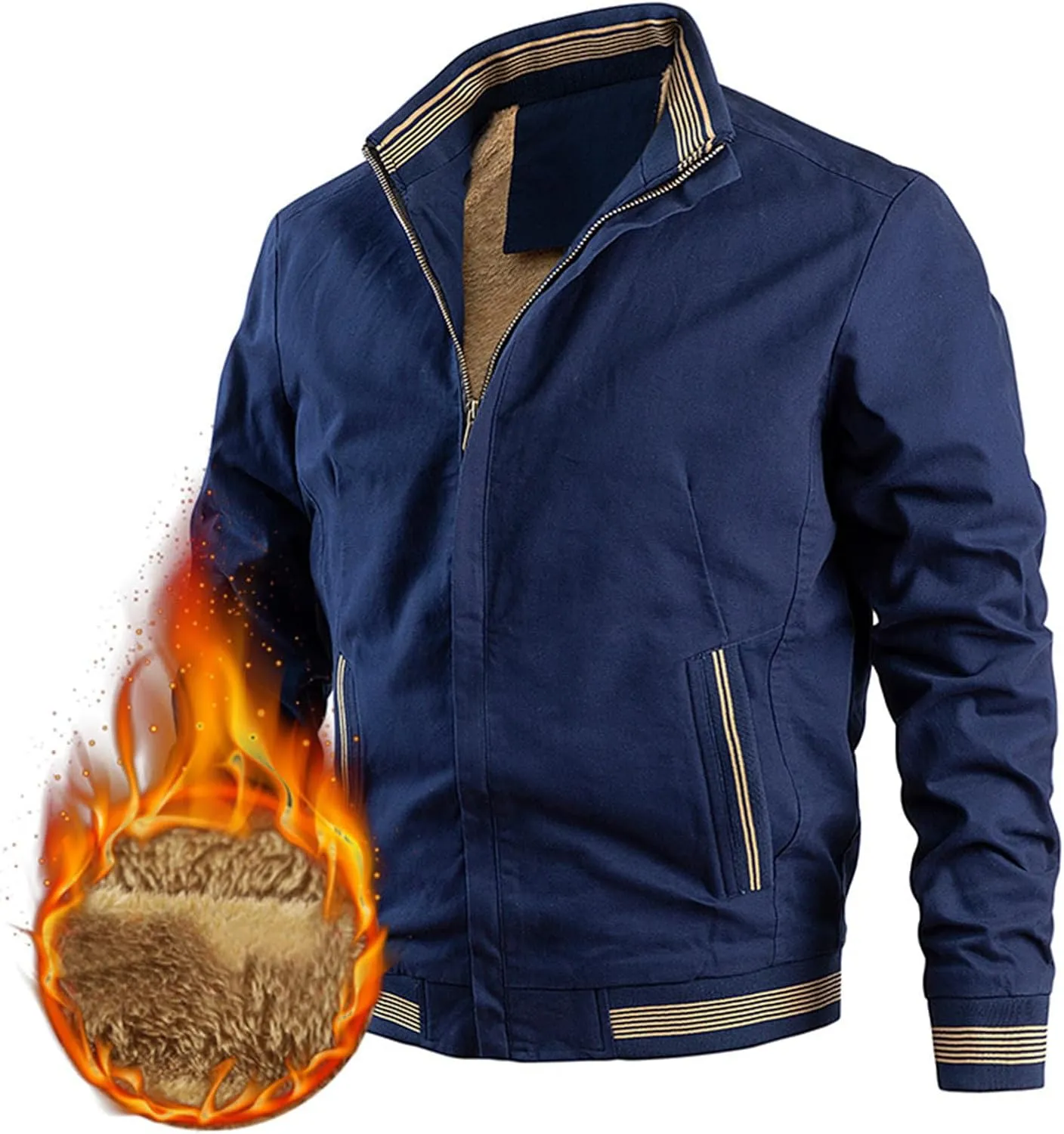 Men Bomber Jacket,Casual Fleece Lined Jacket Men Fall Winter Warm Full Zip Lightweight Jacket Outwear with Pockets