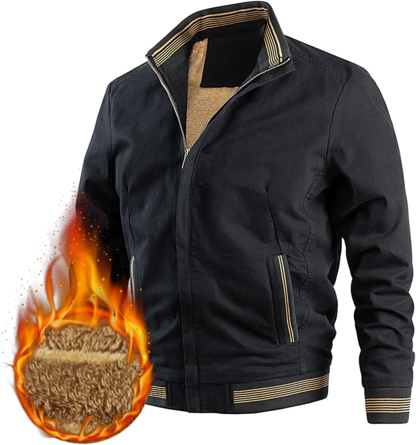 Men Bomber Jacket,Casual Fleece Lined Jacket Men Fall Winter Warm Full Zip Lightweight Jacket Outwear with Pockets